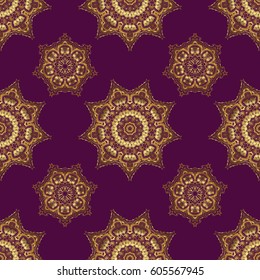 Abstract classic seamless pattern with golden elements on a purple background. Vintage floral vector ornament.