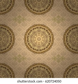 Abstract classic seamless pattern with golden elements on a beige background. Vintage floral vector ornament.