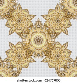 Abstract classic seamless pattern with golden elements on a gray background. Vintage floral vector ornament.