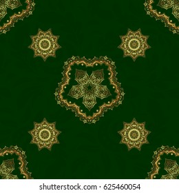 Abstract classic seamless pattern with golden elements on a green background. Vintage floral vector ornament.