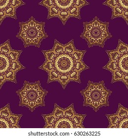 Abstract classic seamless pattern with golden elements on a purple background. Vintage floral vector ornament.