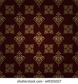 Abstract classic seamless pattern with golden elements on a brown background. Vintage floral vector ornament.