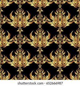 Abstract classic seamless pattern with golden elements on a black background. Vintage floral vector ornament.