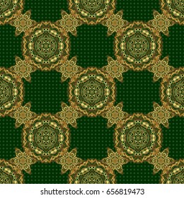 Abstract classic seamless pattern with golden elements on a green background. Vintage floral vector ornament.