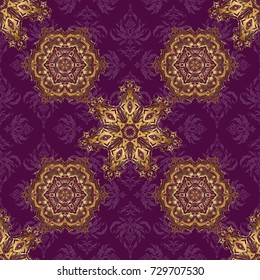Abstract classic seamless pattern with golden elements on a purple background. Vintage floral vector ornament.