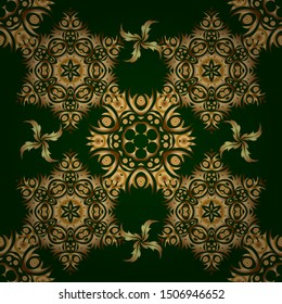 Abstract classic seamless pattern with green and golden elements. Vintage vector ornament.