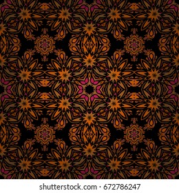 Abstract classic seamless pattern with magenta, brown and orange elements on a black background. Vintage vector ornament.