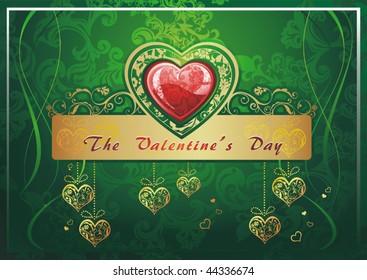 Abstract Classical congratulation card with glossy red heart. Vector frame background with Place for your text. Green illustration for design of packing - Saint Valentine's Day.