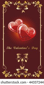 Resumen Tarjeta de felicitación clásica con brillantes corazones rojos. Fondo del marco vectorial con Colocar para el texto. Ilustración de oro y chocolate para el diseño de empaque - Día de San Valentín.