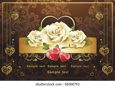 Abstract Classical congratulation card with glossy red hearts and roses. Vector frame background with Place for your text. Saint Valentine's Day