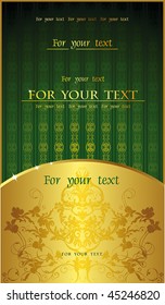Abstract Classical congratulation card with Place for your text. Golden and Green background for design of packing. Vector seamless Damask wallpaper pattern. Retro decor Floral illustration.