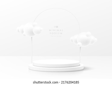 Abstrakter, sauberer 3D-Raum mit realistischem Silber-, Weißzylinder-Podium und weißer Wolke fliegen. Minimale Wandszene für die Produktdarstellung. Design der geometrischen Vektorformen. Stufe für die Präsentation.