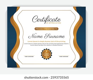 Abstract and clean Appreciation and Achievement Certificate Template Design, Golden color and dark blue color background
