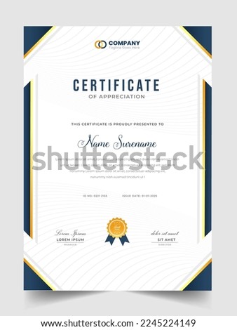 Abstract Clean professional certificate of appreciation template. diploma modern certificate with badge. Elegant business diploma layout for training graduation or course completion.