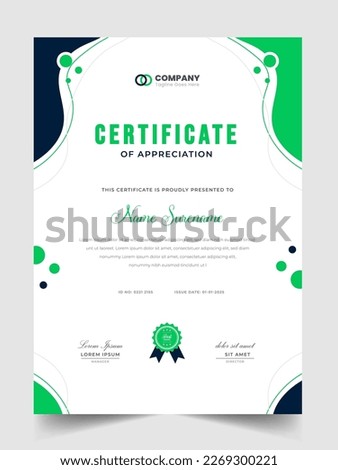 Abstract Clean professional green certificate of appreciation template. diploma modern certificate with badge. Elegant business diploma layout for training graduation or course completion.