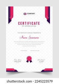 Abstract Clean professional red certificate of appreciation template. diploma modern certificate with badge. Elegant business diploma layout for training graduation or course completion.