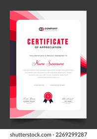 Abstract Clean professional red certificate of appreciation template. diploma modern certificate with badge. Elegant business diploma layout for training graduation or course completion.