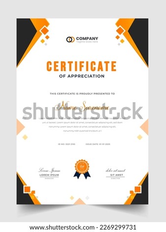 Abstract Clean professional yellow certificate of appreciation template. diploma modern certificate with badge. Elegant business diploma layout for training graduation or course completion.