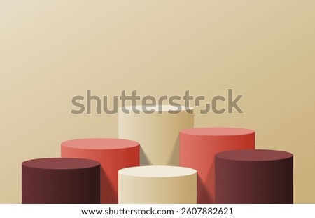 Abstract clean realistic 3d cream, orange and dark brown cylinder podium. Minimal scene for product mockup. Vector geometric form. 3d pedestal stage for product presentation. 3d vector rendering