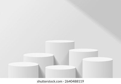Abstract clean realistic 3d white cylinder podium and light shadow on wall. Minimal wall scene for product mockup. Vector geometric platform. 3d stage for product presentation. 3d vector rendering.