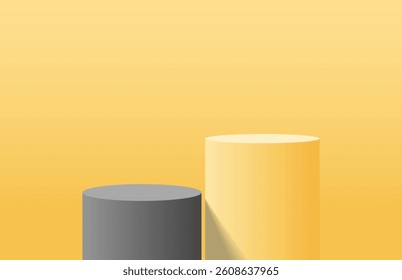 Abstract clean realistic 3d yellow and dark grey cylinder podium. Minimal wall scene for product mockup. Vector geometric form design. 3d pedestal stage for product presentation. 3d vector rendering.