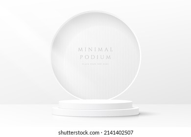 Abstract clean white 3D room with realistic white cylinder pedestal podium and circle window on the wall. Minimal scene for mockup product display. Vector geometric forms design. Stage for showcase. 