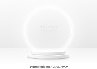 Abstract clean white 3D room with realistic white cylinder pedestal podium and glowing circle neon lamp. Minimal scene for mockup product display. Vector geometric forms design. Stage for showcase. 