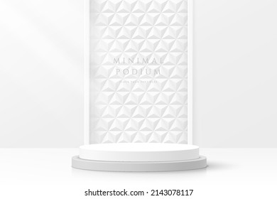 Abstract clean white 3D room with realistic white cylinder pedestal podium and geometric pattern background. Minimal scene for mockup product display. Vector geometric forms design. Stage showcase. 