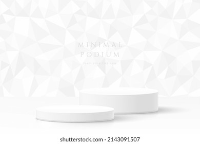 Resumen habitación 3D blanca limpia y podio peatonal de cilindro blanco realista con fondo de patrón de polígono geométrico. Escena mínima para la presentación de productos de simulación. Formas geométricas vectoriales. Muestra de escenario.