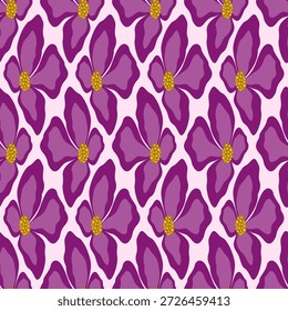 Abstractas elemento de diseño de flores de clematis. Elemento de flor fucsia sobre fondo rosa. Geometría floral sin costuras. Adorno de rejilla de fantasía para ropa de decoración, hogar.