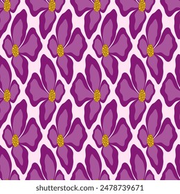 Abstract clematis flowers isolated design element. Pink, fuchsia flower element on pink background. Floral seamless pattern vector illustration. Fantasy repetitive ornament for decor clothes, home.