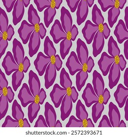 Abstract clematis flowers seamless pattern. Pink, fuchsia flower element on gray background. Floral vector background. Fantasy repetitive ornament for decor clothes, home.