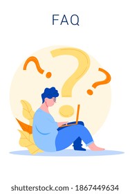 Abstract client, customer support. Woman worker character working on laptop computer. Concept of FAQ. Frequently Asked Question. Cartoon flat vector illustration with fictional characters