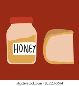 Abstract Clip Art Honey Jar And Sliced Bread Illustration, Hand Drawn Vector Illustration.