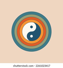 Abstract clip art with yin yang symbol, rainbow. Modern psychedelic art. Hippie groovy esoteric illustration. Flat design. 60's, 70's concept for card, poster.