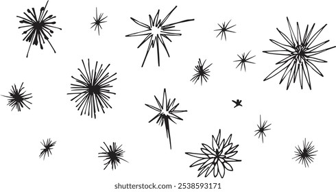 Abstract Clipart firework in pop art style of blob star flash drawn by hand ink style minimalism. Set simple objects signs for design. Sea urchin cartoon explosion symbol comic bang simple sketch ink