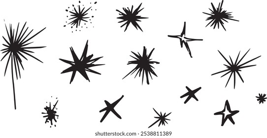 Abstract Clipart firework in pop art style of blob star flash hand drawn ink style minimalism. Set simple objects signs for design. blot paint stain cartoon explosion symbol comic bang simple sketch