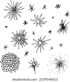 Abstract Clipart firework in pop art style of blob star flash drawn by hand ink style minimalism. Set simple objects signs for design. Sea urchin cartoon explosion symbol comic bang simple sketch ink