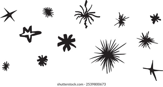 Abstract Clipart firework in pop art style of blob star flash hand drawn ink style minimalism. Set simple objects signs for design. blot paint stain cartoon explosion symbol comic bang simple sketch