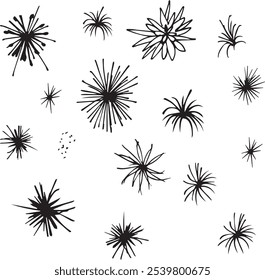 Abstract Clipart firework in pop art style of blob star flash drawn by hand ink style minimalism. Set simple objects signs for design. Sea urchin cartoon explosion symbol comic bang simple sketch ink