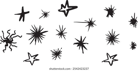 Abstract Clipart firework in pop art style of blob star flash hand drawn ink style minimalism. Set simple objects signs for design. blot paint stain cartoon explosion symbol comic bang simple sketch