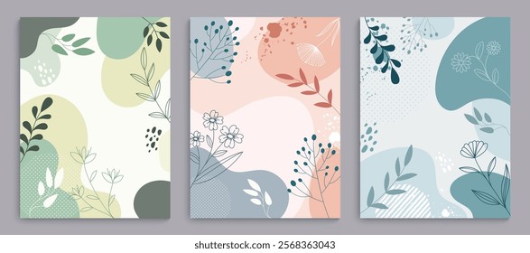 Abstract clipart poster background set. Spring flowers and leaf drawing in watercolor pastel paint clip art collection for greetings card template. Vector illustration abstract background set. 
