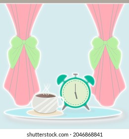 Resumen de reloj y taza de café sobre mesa azul con cortinas de ventana. objetos reflectantes blanquecinos que muestran el frío y la luz de una mañana fría.
