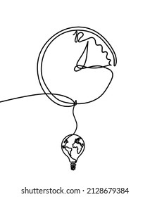 Abstract clock with globe light bulb as line drawing on white background. Vector