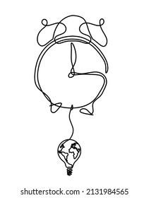 Abstract clock with globe light bulb as line drawing on white background. Vector