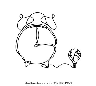 Abstract clock with globe light bulb as line drawing on white background. Vector