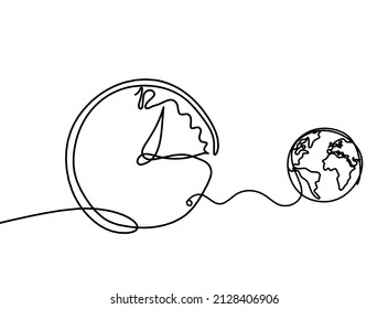 Abstract clock with globe as line drawing on white background. Vector