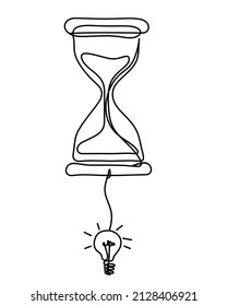 Abstract clock with light bulb as line drawing on white background. Vector