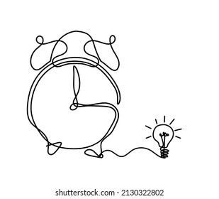 Abstract clock with light bulb as line drawing on white background. Vector