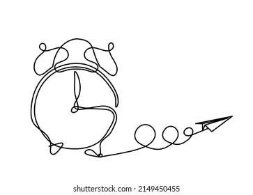 Abstract clock with paper plane as line drawing on white background. Vector